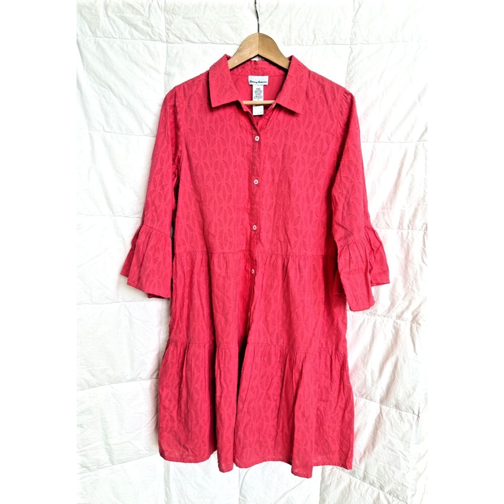 Tommy Bahama M Cotton Clip Button Dress Jacquard Tiered Boho Coral Bell Sleeve
